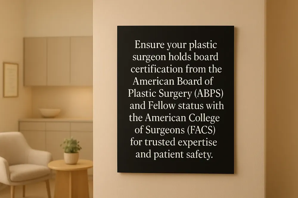 Ensure your plastic surgeon holds board certification from the American Board of Plastic Surgery (ABPS) and Fellow status with the American College of Surgeons (FACS) for trusted expertise and patient safety.