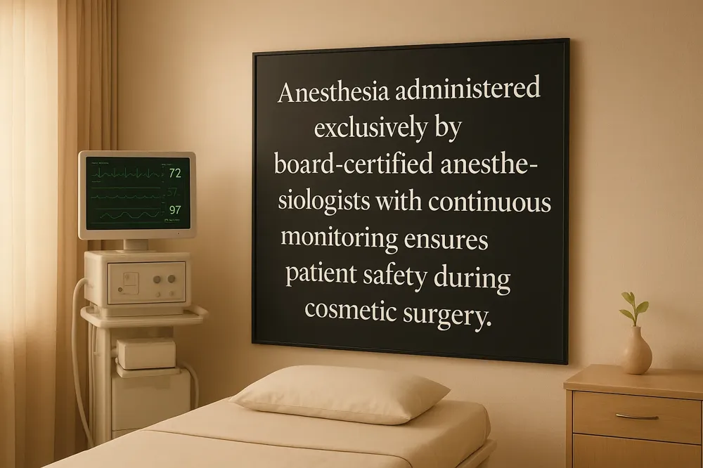 Anesthesia administered exclusively by board-certified anesthesiologists with continuous monitoring ensures patient safety during cosmetic surgery.