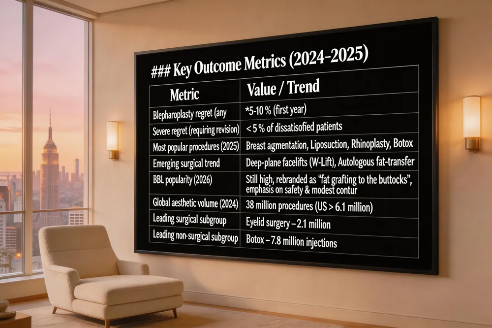 ### Key Outcome Metrics (2024‑2025)
| Metric | Value / Trend |
|---|---|
| Blepharoplasty regret (any dissatisfaction) | 5‑10 % (first year) |
| Severe regret (requiring revision) | < 5 % of dissatisfied patients |
| Most popular procedures (2025) | Breast augmentation, Liposuction, Rhinoplasty, Botox |
| Emerging surgical trend | Deep‑plane facelifts (W‑Lift), Autologous fat‑transfer |
| BBL popularity (2026) | Still high; rebranded as “fat grafting to the buttocks”, emphasis on safety & modest contour |
| Global aesthetic volume (2024) | 38 million procedures (US > 6.1 million) |
| Leading surgical subgroup | Eyelid surgery – 2.1 million |
| Leading non‑surgical subgroup | Botox – 7.8 million injections |
| 