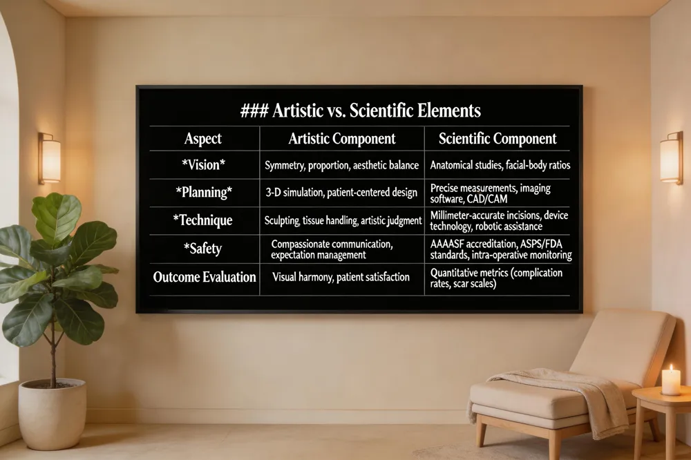 ### Artistic vs. Scientific Elements
| Aspect | Artistic Component | Scientific Component |
|---|---|---|
| Vision | Symmetry, proportion, aesthetic balance | Anatomical studies, facial‑body ratios |
| Planning | 3‑D simulation, patient‑centered design | Precise measurements, imaging software, CAD/CAM |
| Technique | Sculpting, tissue handling, artistic judgment | Millimeter‑accurate incisions, device technology, robotic assistance |
| Safety | Compassionate communication, expectation management | AAAASF accreditation, ASPS/FDA standards, intra‑operative monitoring |
| Outcome Evaluation | Visual harmony, patient satisfaction | Quantitative metrics (complication rates, scar scales) |
| 
