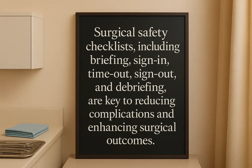 Surgical safety checklists, including briefing, sign-in, time-out, sign-out, and debriefing, are key to reducing complications and enhancing surgical outcomes.