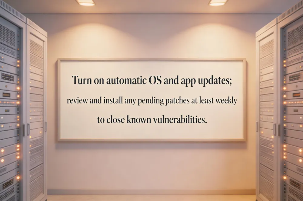 Turn on automatic OS and app updates; review and install any pending patches at least weekly to close known vulnerabilities.
