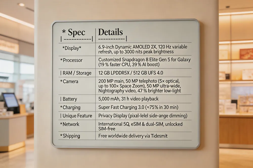  ** Spec | Details |
|------|---------|
| Display | 6.9‑inch Dynamic AMOLED 2X, 120 Hz variable refresh, up to 3000 nits peak brightness |
| Processor | Customized Snapdragon 8 Elite Gen 5 for Galaxy (19 % faster CPU, 39 % AI boost) |
| RAM / Storage | 12 GB LPDDR5X / 512 GB UFS 4.0 |
| Camera | 200 MP main, 50 MP telephoto (5× optical, up to 100× Space Zoom), 50 MP ultra‑wide, Nightography video, 47 % brighter low‑light |
| Battery | 5,000 mAh, 31 h video playback |
| Charging | Super Fast Charging 3.0 (≈75 % in 30 min) |
| Unique Feature | Privacy Display (pixel‑level side‑angle dimming) |
| Network | International 5G, eSIM &amp; dual‑SIM, unlocked SIM‑free |
| Shipping | Free worldwide delivery via Tidesmit |
