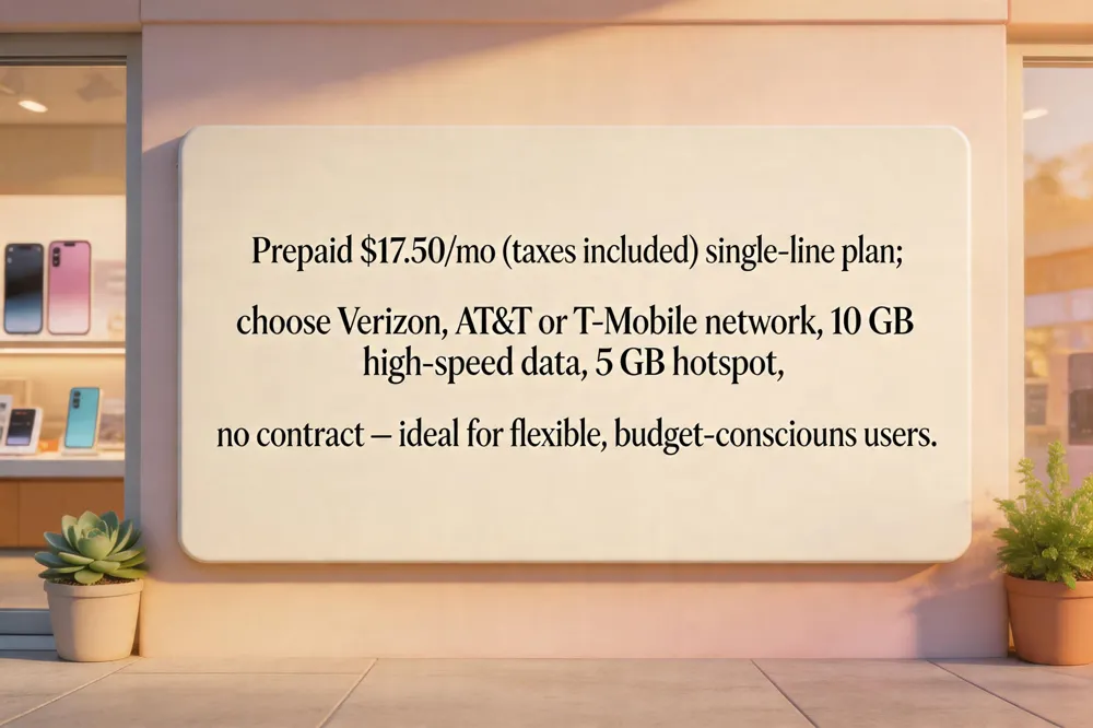 Prepaid $17.50/mo (taxes included) single‑line plan; choose Verizon, AT&amp;T or T‑Mobile network, 10 GB high‑speed data, 5 GB hotspot, no contract – ideal for flexible, budget‑conscious users.