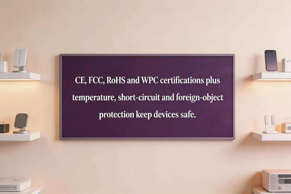 CE, FCC, RoHS and WPC certifications plus temperature, short‑circuit and foreign‑object protection keep devices safe.