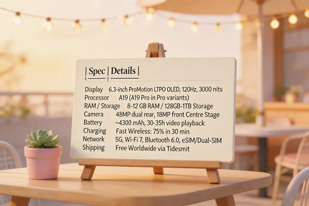  | Spec | Details |
|------|---------|
| Display | 6.3‑inch ProMotion LTPO Super Retina XDR OLED, 120 Hz, up to 3000 nits |
| Processor | A19 (A19 Pro in Pro variants) |
| RAM / Storage | 8 GB‑12 GB RAM / 128 GB‑1 TB storage |
| Camera | 48 MP dual‑fusion rear (wide + ultra‑wide), 18 MP front with Centre Stage |
| Battery | Approx. 4,300 mAh, 30‑35 h video playback |
| Charging | Fast‑wireless≈Wup (≈75 % in 30 min) |
| Network | International 5G, Wi‑Fi 7, Bluetooth 6.0, eSIM &amp; dual‑SIM |
| Shipping | Free worldwide delivery via Tidesmit |

