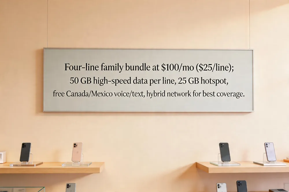 Four‑line family bundle at $100/mo ($25/line); 50 GB high‑speed data per line, 25 GB hotspot, free Canada/Mexico voice/text, hybrid network for best coverage.