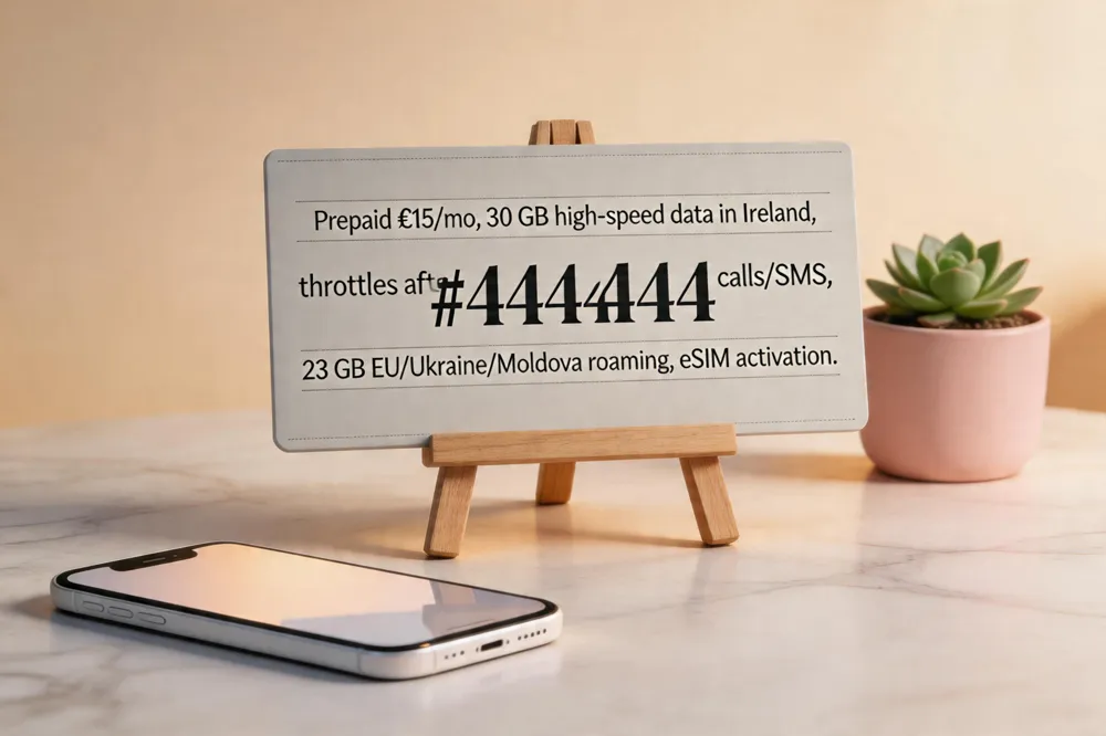 Prepaid €15/mo; 30 GB high‑speed data in Ireland, throttles after cap, unlimited national calls/SMS, 23 GB EU/Ukraine/Moldova roaming, eSIM activation.