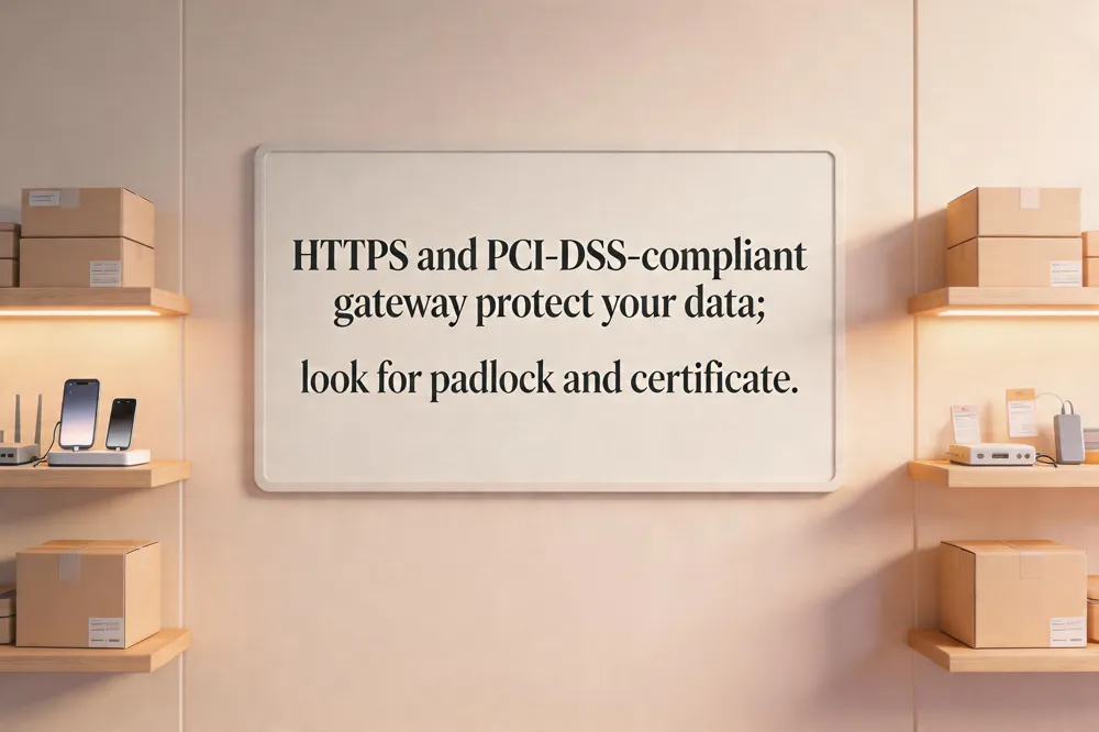 HTTPS and PCI‑DSS‑compliant gateway protect your data; look for padlock and certificate.