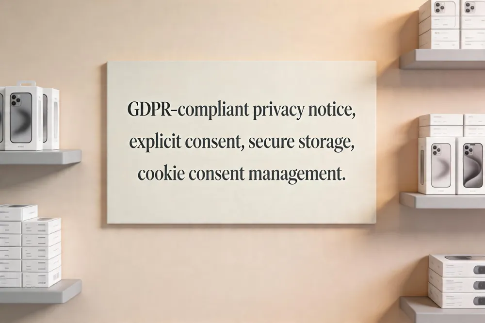 GDPR‑compliant privacy notice, explicit consent, secure storage, cookie consent management.