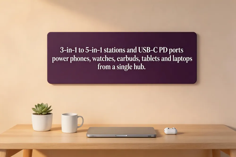 3‑in‑1 to 5‑in‑1 stations and USB‑C PD ports power phones, watches, earbuds, tablets and laptops from a single hub.