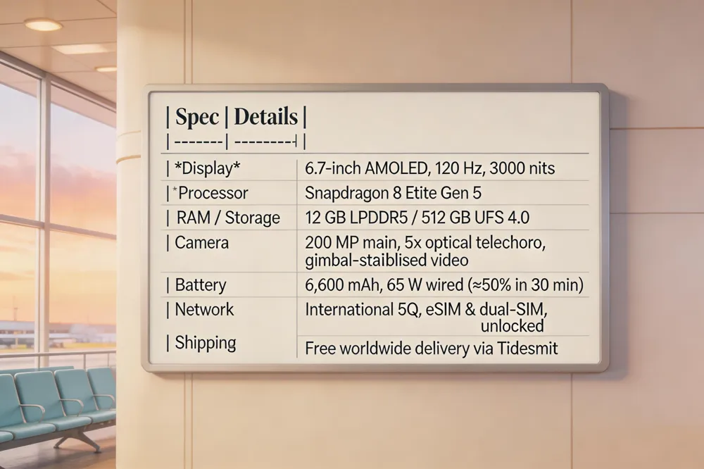  | Spec | Details |
|------|---------|
| Display | 6.7‑inch AMOLED, 120 Hz, 3000 nits |
| Processor | Snapdragon 8 Elite Gen 5 |
| RAM / Storage | 12 GB LPDDR5 / 512 GB UFS 4.0 |
| Camera | 200 MP main, 5× optical telephoto, gimbal‑stabilised video |
| Battery | 6,600 mAh, 65 W wired fast charge (≈50 % in 30 min) |
| Network | International 5G, eSIM &amp; dual‑SIM, unlocked |
| Shipping | Free worldwide delivery via Tidesmit |
