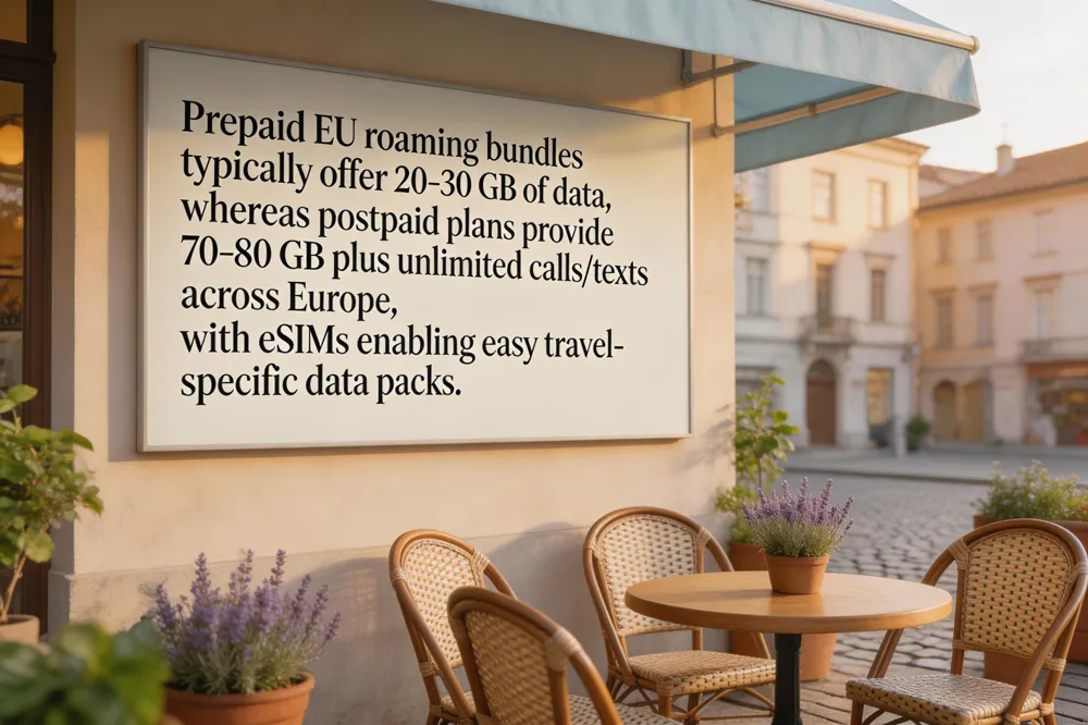 Prepaid EU roaming bundles typically offer 20‑30 GB of data, whereas postpaid plans provide 70‑80 GB plus unlimited calls/texts across Europe, with eSIMs enabling easy travel‑specific data packs.