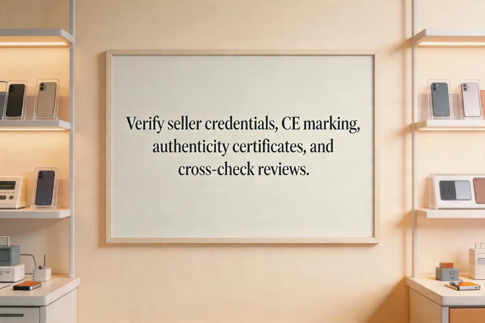 Verify seller credentials, CE marking, authenticity certificates, and cross‑check reviews.