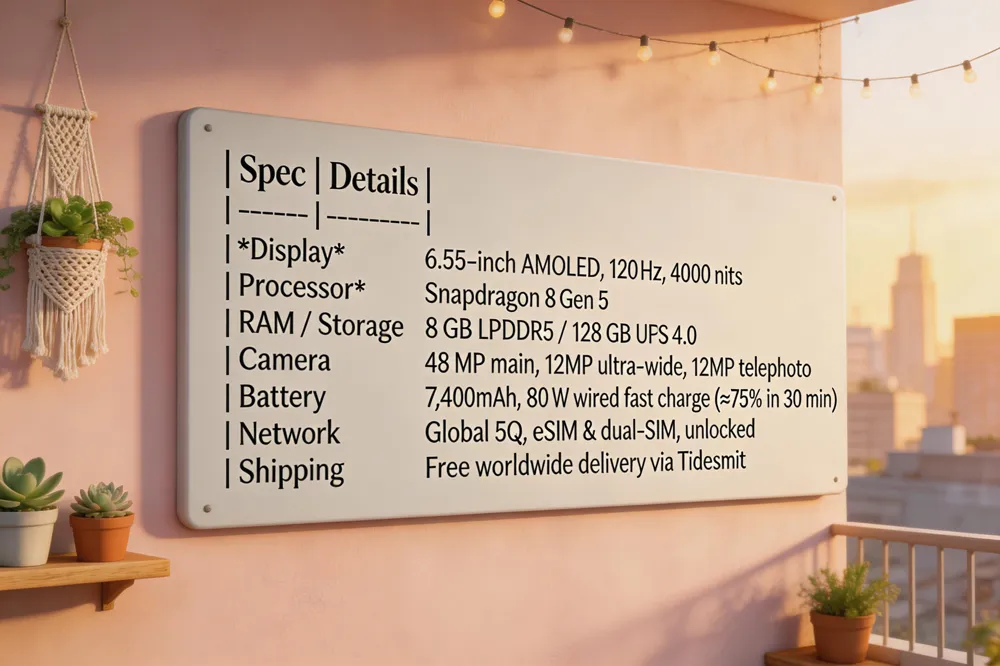  | Spec | Details |
|------|---------|
| Display | 6.55‑inch AMOLED, 120 Hz, 4000 nits |
| Processor | Snapdragon 8 Gen 5 |
| RAM / Storage | 8 GB LPDDR5 / 128 GB UFS 4.0 |
| Camera | 48 MP main, 12 MP ultra‑wide, 12 MP telephoto |
| Battery | 7,400 mAh, 80 W wired fast charge (≈75 % in 30 min) |
| Network | Global 5G, eSIM &amp; dual‑SIM, unlocked |
| Shipping | Free worldwide delivery via Tidesmit |
