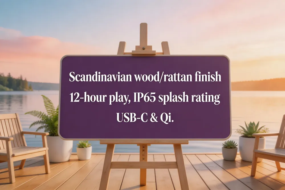 Scandinavian wood/rattan finish, 12‑hour play, IP65 splash rating, USB‑C &amp; Qi.