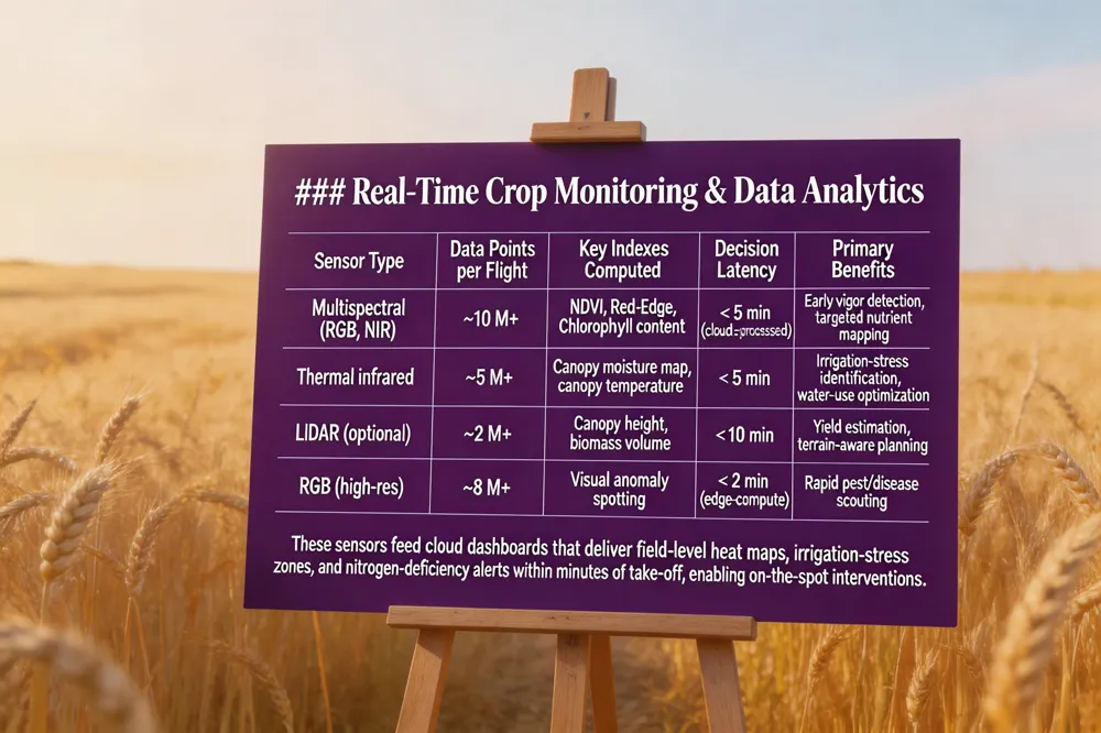 ### Real‑Time Crop Monitoring & Data Analytics
| Sensor Type | Data Points per Flight | Key Indexes Computed | Decision Latency | Primary Benefits |
|---|---|---|---|---|
| Multispectral (RGB, NIR) | ~10 M+ | NDVI, Red‑Edge, Chlorophyll content | < 5 min (cloud‑processed) | Early vigor detection, targeted nutrient mapping |
| Thermal infrared | ~5 M+ | Can moisture map, canopy temperature | < 5 min | Irrigation‑stress identification, water‑use optimization |
| LiDAR (optional) | ~2 M+ | Canopy height, biomass volume | < 10 min | Yield estimation, terrain‑aware planning |
| RGB (high‑res) | ~8 M+ | Visual anomaly spotting | < 2 min (edge‑compute) | Rapid pest/disease scouting |
These sensors feed cloud dashboards that deliver field‑level heat maps, irrigation‑stress zones, and nitrogen‑deficiency alerts within minutes of take‑off, enabling on‑the‑spot interventions.