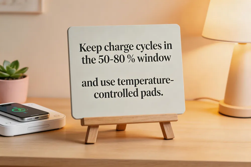 Keep charge cycles in the 50‑80 % window and use temperature‑controlled pads.