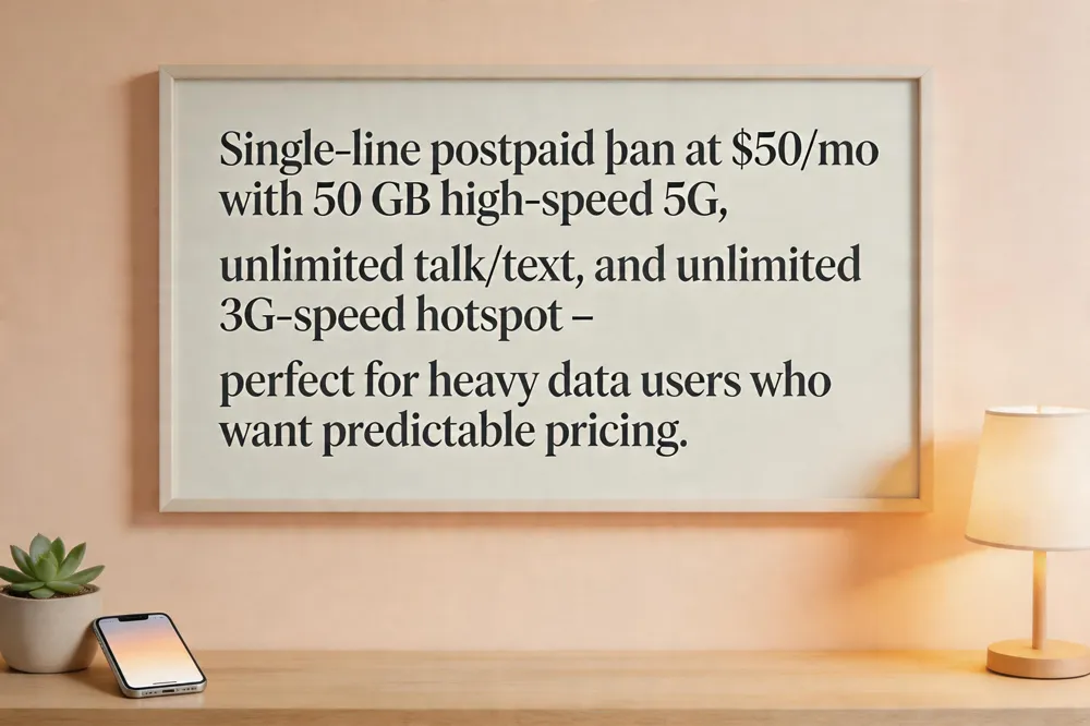 Single‑line postpaid plan at $50/mo with 50 GB high‑speed 5G, unlimited talk/text, and unlimited 3G‑speed hotspot – perfect for heavy data users who want predictable pricing.