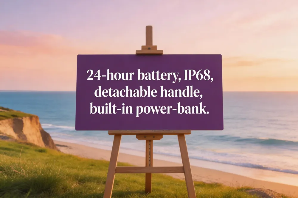 24‑hour battery, IP68, detachable handle, built‑in power‑bank.