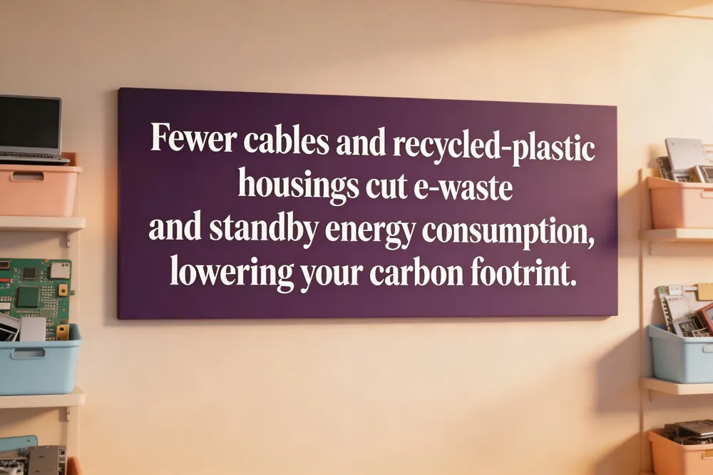 Fewer cables and recycled‑plastic housings cut e‑waste and standby energy consumption, lowering your carbon footprint.