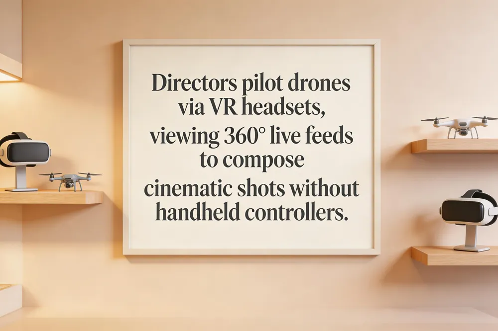 Directors pilot drones via VR headsets, viewing 360° live feeds to compose cinematic shots without handheld controllers.