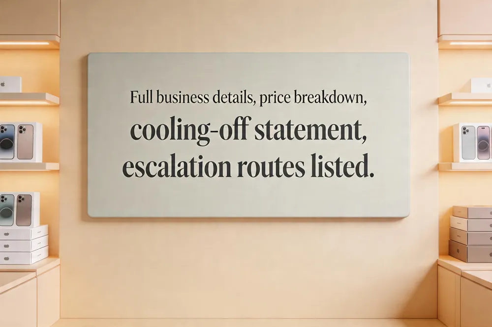 Full business details, price breakdown, cooling‑off statement, escalation routes listed.