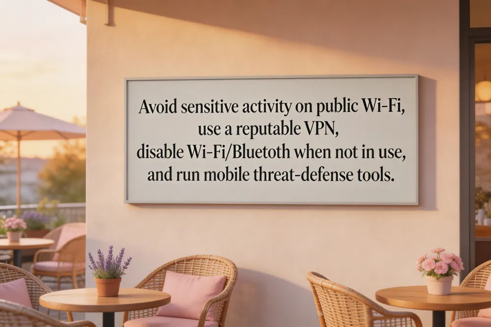 Avoid sensitive activity on public Wi‑Fi, use a reputable VPN, disable Wi‑Fi/Bluetooth when not in use, and run mobile threat‑defense tools.
