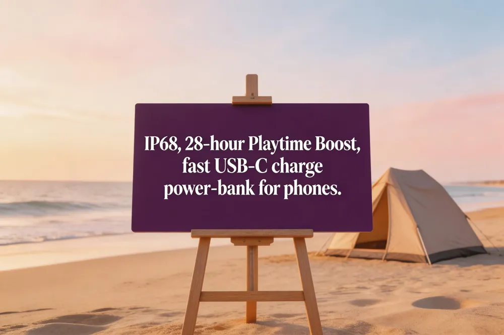 IP68, 28‑hour Playtime Boost, fast USB‑C charge, power‑bank for phones.