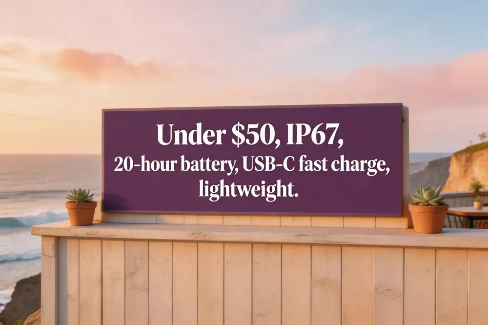 Under $50, IP67, 20‑hour battery, USB‑C fast charge, lightweight.