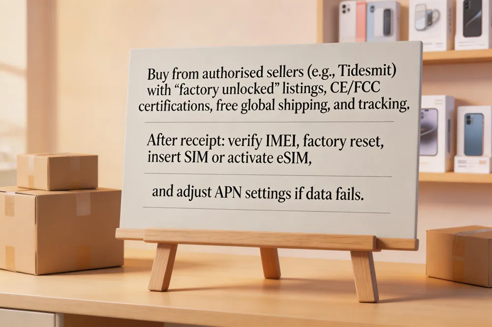 Buy from authorised sellers (e.g., Tidesmit) with “factory unlocked” listings, CE/FCC certifications, free global shipping, and tracking. After receipt: verify IMEI, factory reset, insert SIM or activate eSIM, and adjust APN settings if data fails.