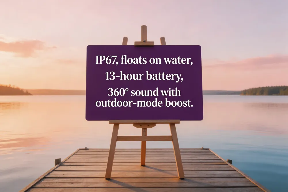 IP67, floats on water, 13‑hour battery, 360° sound with outdoor‑mode boost.