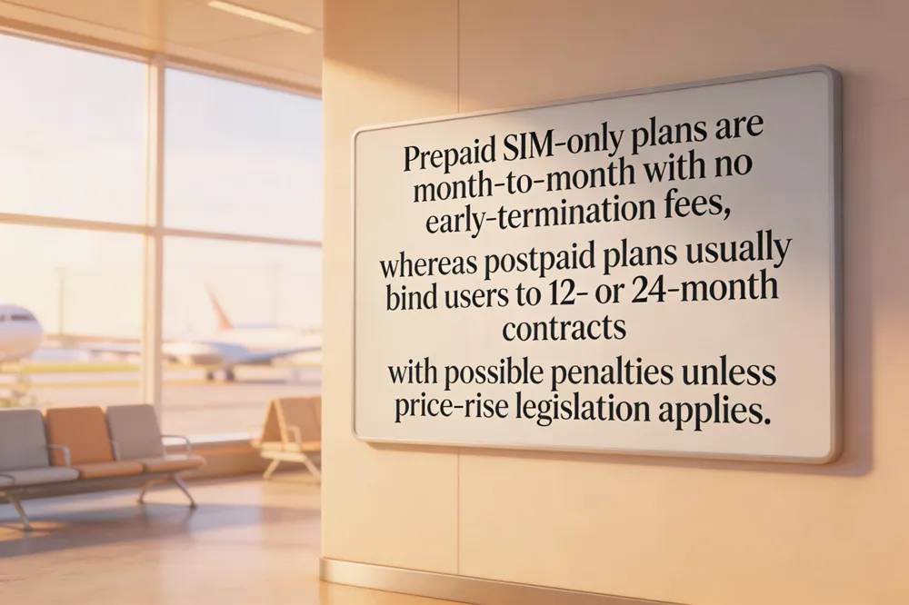 Prepaid SIM‑only plans are month‑to‑month with no early‑termination fees, whereas postpaid plans usually bind users to 12‑ or 24‑month contracts with possible penalties unless price‑rise legislation applies.