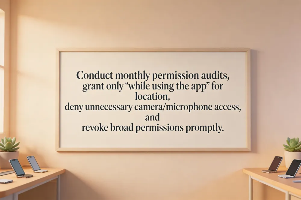 Conduct monthly permission audits, grant only ‘while using the app’ for location, deny unnecessary camera/microphone access, and revoke broad permissions promptly.
