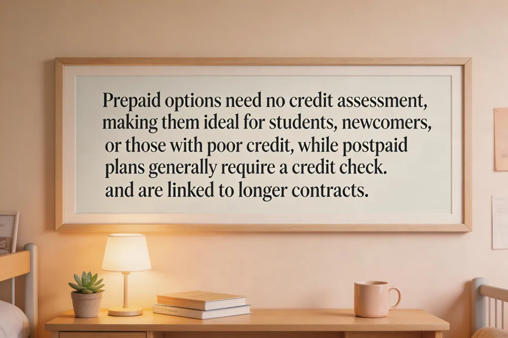 Prepaid options need no credit assessment, making them ideal for students, newcomers, or those with poor credit, while postpaid plans generally require a credit check and are linked to longer contracts.