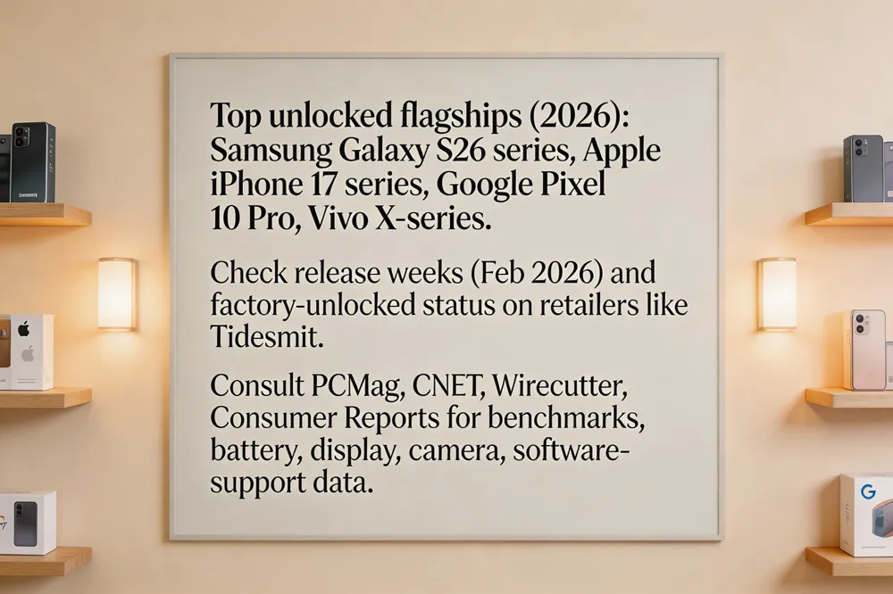 Top unlocked flagships (2026): Samsung Galaxy S26 series, Apple iPhone 17 series, Google Pixel 10 Pro, Vivo X‑series. Check release weeks (Feb 2026) and factory‑unlocked status on retailers like Tidesmit. Consult PCMag, CNET, Wirecutter, Consumer Reports for benchmarks, battery, display, camera, and software‑support data.