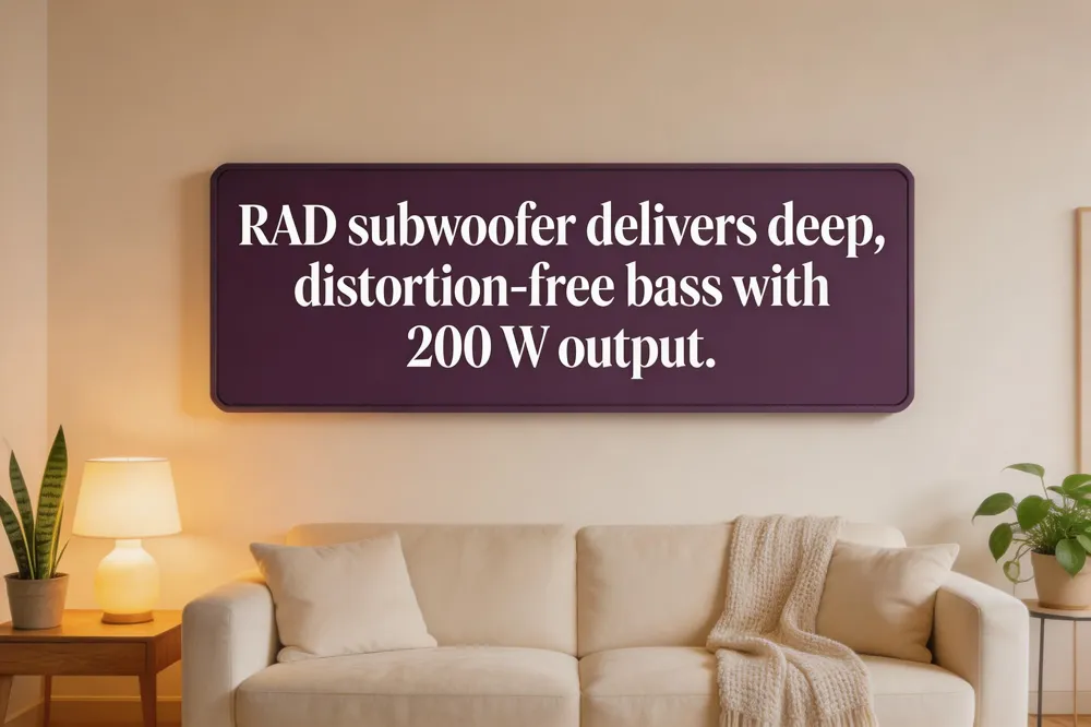 RAD subwoofer delivers deep, distortion‑free bass with 200 W output.