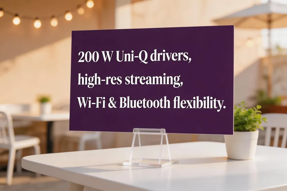 200 W Uni‑Q drivers, high‑res streaming, Wi‑Fi &amp; Bluetooth flexibility.