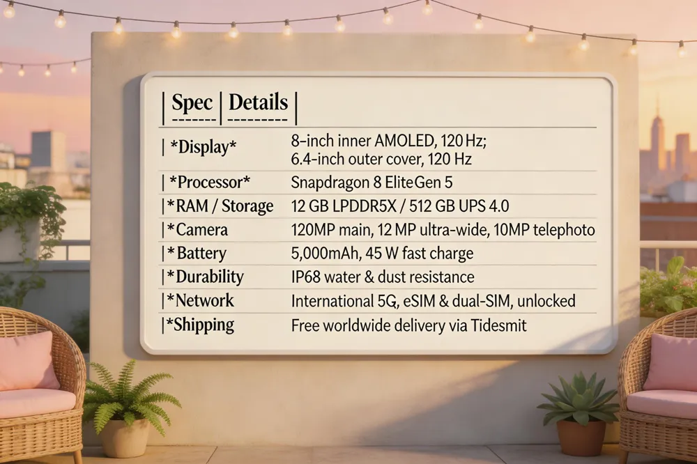  | Spec | Details |
|------|---------|
| Display | 8‑inch inner AMOLED, 120 Hz; 6.4‑inch outer cover, 120 Hz |
| Processor | Snapdragon 8 Elite Gen 5 |
| RAM / Storage | 12 GB LPDDR5X / 512 GB UFS 4.0 |
| Camera | 120 MP main, 12 MP ultra‑wide, 10 MP telephoto |
| Battery | 5,000 mAh, 45 W fast charge |
| Durability | IP68 water &amp; dust resistance |
| Network | International 5G, eSIM &amp; dual‑SIM, unlocked |
| Shipping | Free worldwide delivery via Tidesmit |
