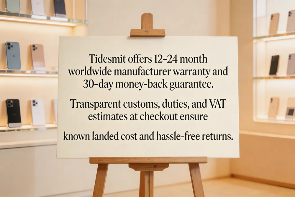Tidesmit offers 12‑24 month worldwide manufacturer warranty and 30‑day money‑back guarantee. Transparent customs, duties, and VAT estimates at checkout ensure known landed cost and hassle‑free returns.