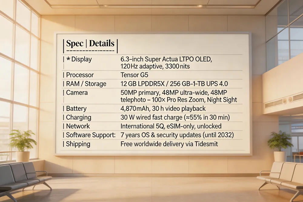  | Spec | Details |
|------|---------|
| Display | 6.3‑inch Super Actua LTPO OLED, 120 Hz adaptive, 3300 nits |
| Processor | Tensor G5 |
| RAM / Storage | 12 GB LPDDR5X / 256 GB‑1 TB UFS 4.0 |
| Camera | 50 MP primary, 48 MP ultra‑wide, 48 MP telephoto – 100× Pro Res Zoom, Night Sight |
| Battery | 4,870 mAh, 30 h video playback |
| Charging | 30 W wired fast charge (≈55 % in 30 min) |
| Network | International 5G, eSIM‑only, unlocked |
| Software Support | 7 years OS &amp; security updates (until 2032) |
| Shipping | Free worldwide delivery via Tidesmit |
