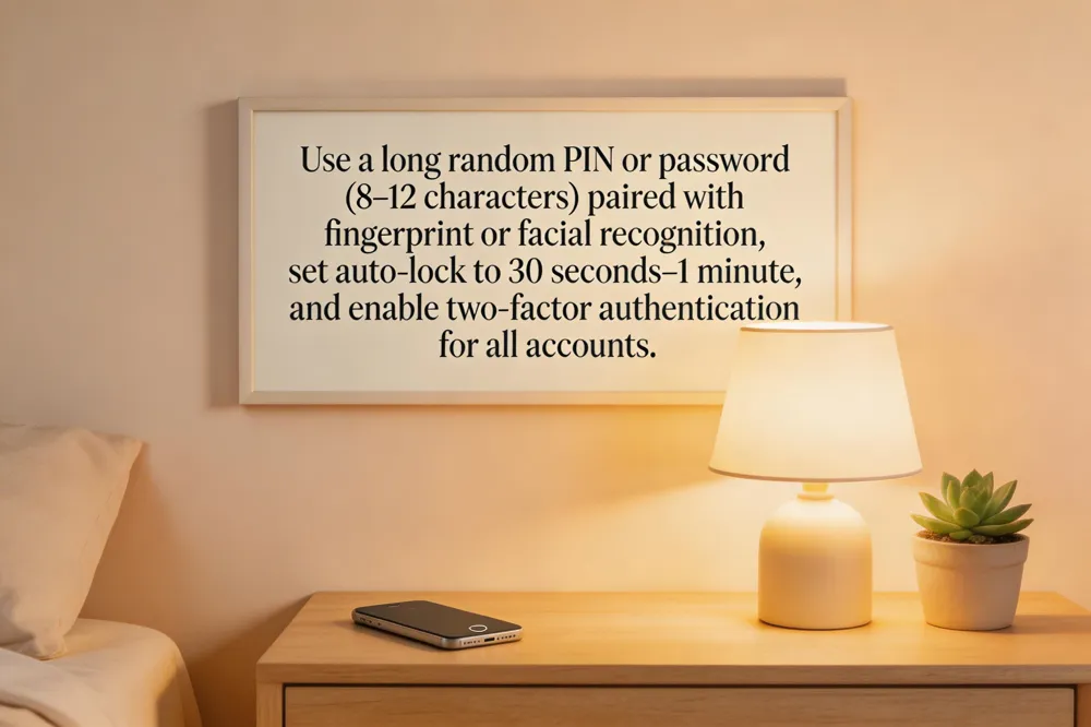 Use a long random PIN or password (8‑12 characters) paired with fingerprint or facial recognition, set auto‑lock to 30 seconds–1 minute, and enable two‑factor authentication for all accounts.