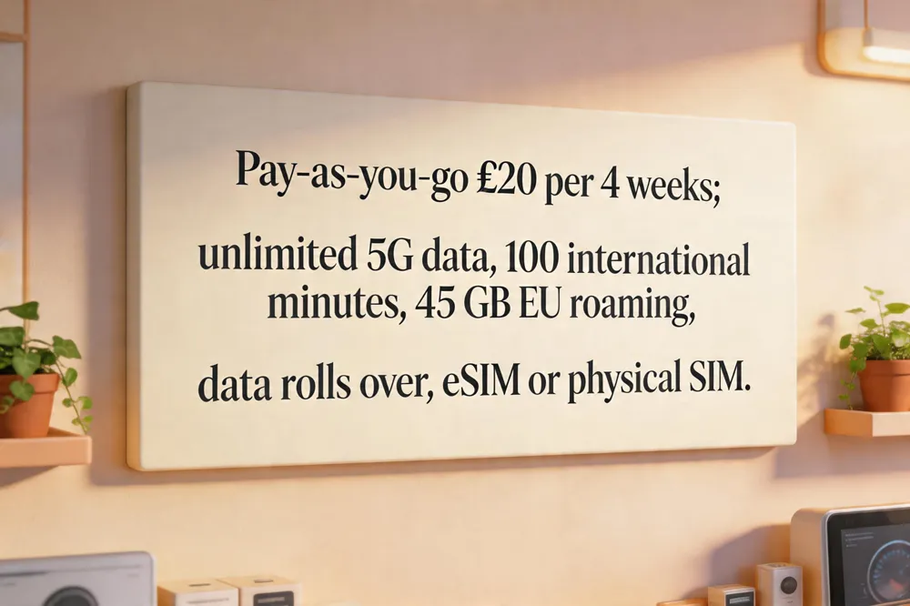 Pay‑as‑you‑go €20 per 4 weeks; unlimited 5G data, 100 international minutes, 45 GB EU roaming, data rolls over, eSIM or physical SIM.