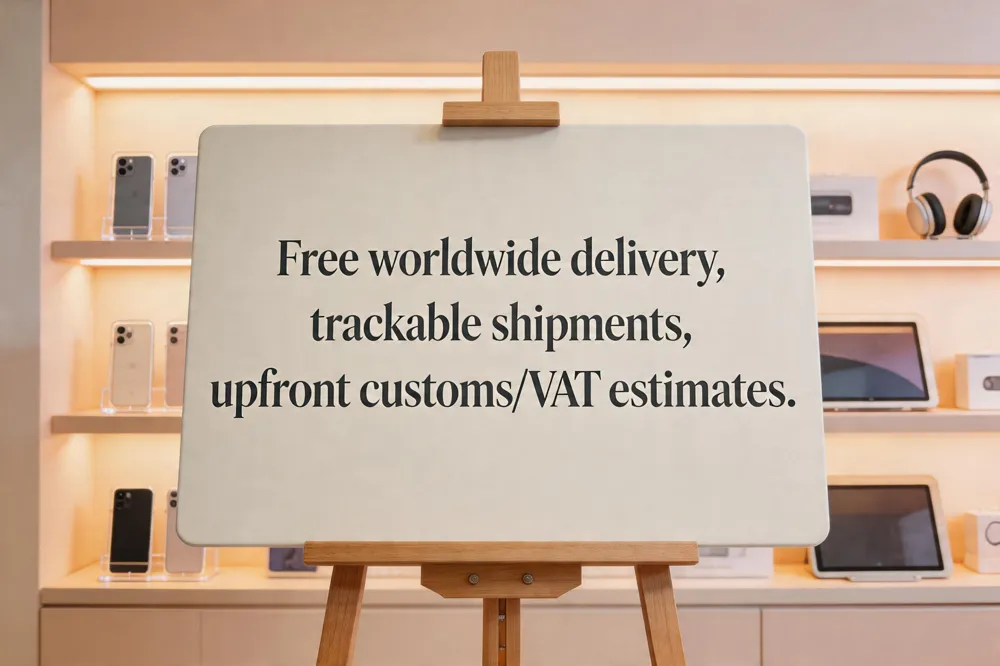 Free worldwide delivery, trackable shipments, upfront customs/VAT estimates.