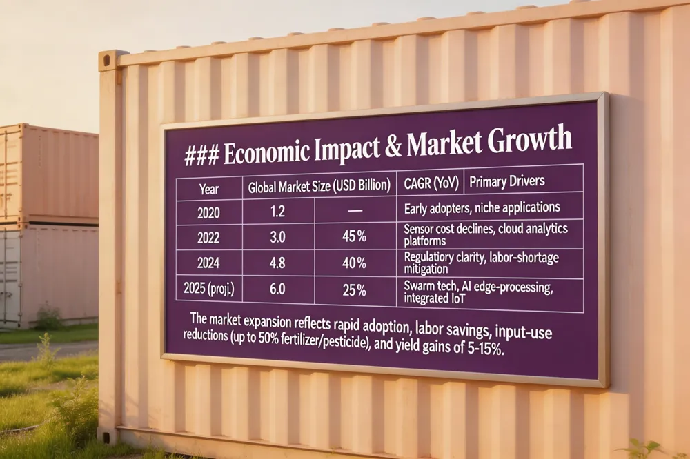 ### Economic Impact & Market Growth
| Year | Global Market Size (USD Billion) | CAGR (YoY) | Primary Drivers |
|---|---|---|---|
| 2020 | 1.2 | — | Early adopters, niche applications |
| 2022 | 3.0 | 45 % | Sensor cost declines, cloud analytics platforms |
| 2024 | 4.8 | 40 % | Regulatory clarity, labor‑shortage mitigation |
| 2025 (proj.) | 6.0 | 25 % | Swarm tech, AI edge‑processing, integrated IoT |
The market expansion reflects rapid adoption, labor savings, input‑use reductions (up to 50 % fertilizer/pesticide), and yield gains of 5‑15 %.