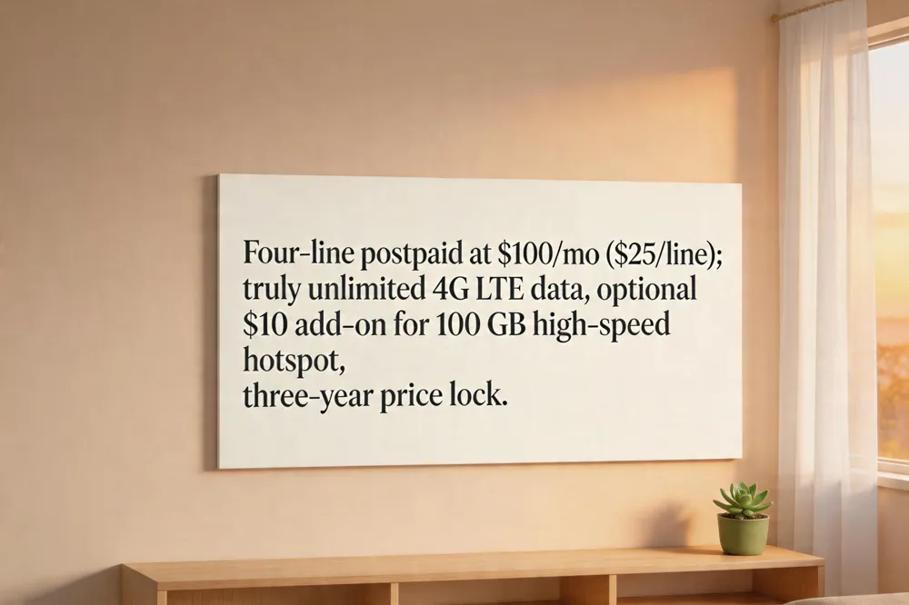 Four‑line postpaid at $100/mo ($25/line); truly unlimited 4G LTE data, optional $10 add‑on for 100 GB high‑speed hotspot, three‑year price lock.