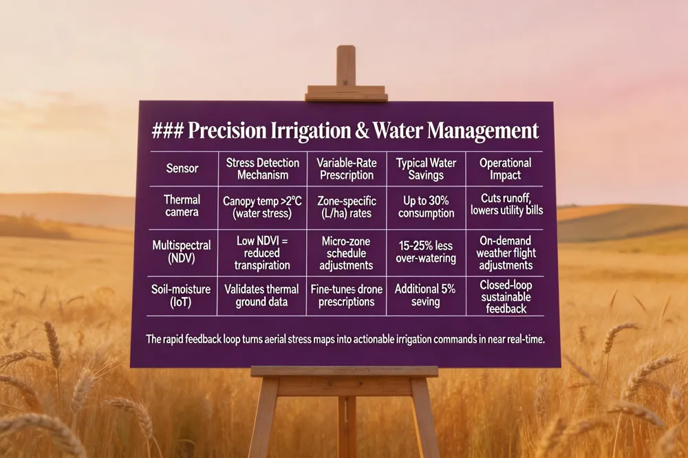 ### Precision Irrigation & Water Management
| Sensor | Stress Detection Mechanism | Variable‑Rate Prescription | Typical Water Savings | Operational Impact |
|---|---|---|---|---|
| Thermal camera | Detects canopy temperature rise > 2 °C indicating water stress | Generates zone‑specific irrigation rates (L / ha) | Up to 30 % overall consumption | Cuts runoff, lowers utility bills |
| Multispectral (NDVI) | Low NDVI correlates with reduced transpiration | Adjusts irrigation schedule per micro‑zone | 15‑25 % reduction in over‑watering | Enables on‑demand flights for weather changes |
| Soil‑moisture probes (IoT) | Ground truth validation of thermal data | Fine‑tunes drone‑prescriptions | Additional 5 % saving | Provides closed‑loop feedback for sustainable budgeting |
The rapid feedback loop turns aerial stress maps into actionable irrigation commands in near real‑time.
