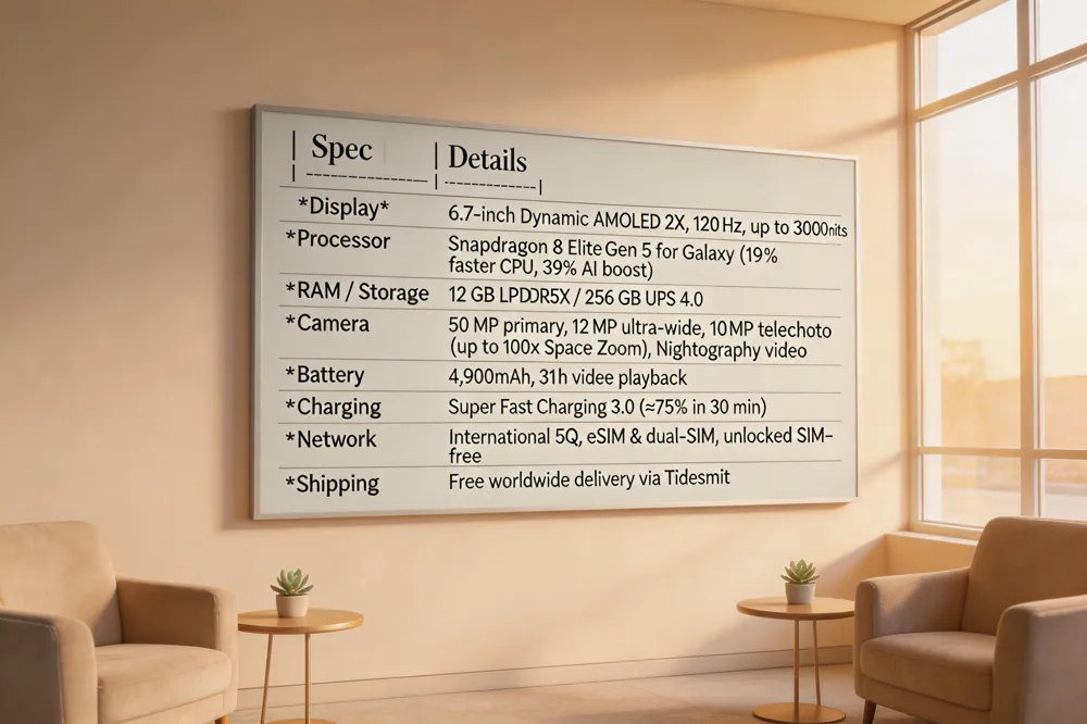  | Spec | Details |
|------|---------|
| Display | 6.7‑inch Dynamic AMOLED 2X, 120 Hz, up to 3000 nits |
| Processor | Snapdragon 8 Elite Gen 5 for Galaxy (19 % faster CPU, 39 % AI boost) |
| RAM / Storage | 12 GB LPDDR5X / 256 GB UFS 4.0 |
| Camera | 50 MP primary, 12 MP ultra‑wide, 10 MP telephoto (up to 100× Space Zoom), Nightography video |
| Battery | 4,900 mAh, 31 h video playback |
| Charging | Super Fast Charging 3.0 (≈75 % in 30 min) |
| Network | International 5G, eSIM &amp; dual‑SIM, unlocked SIM‑free |
| Shipping | Free worldwide delivery via Tidesmit |
