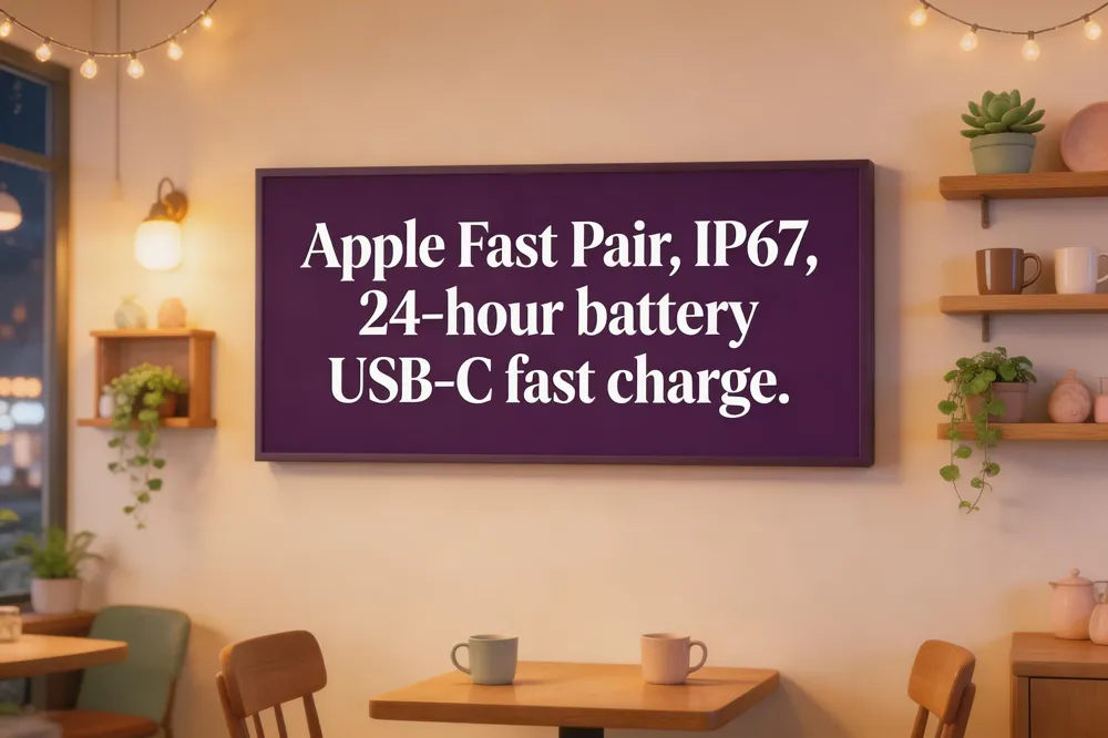 Apple Fast Pair, IP67, 24‑hour battery, USB‑C fast charge.