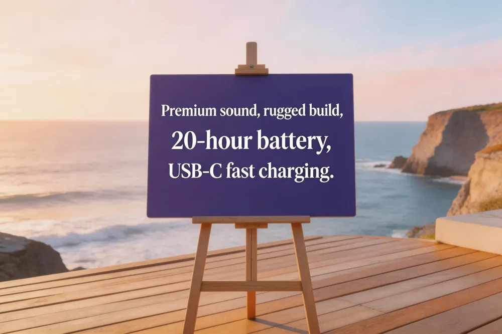 Premium sound, rugged build, 20‑hour battery, USB‑C fast charging.